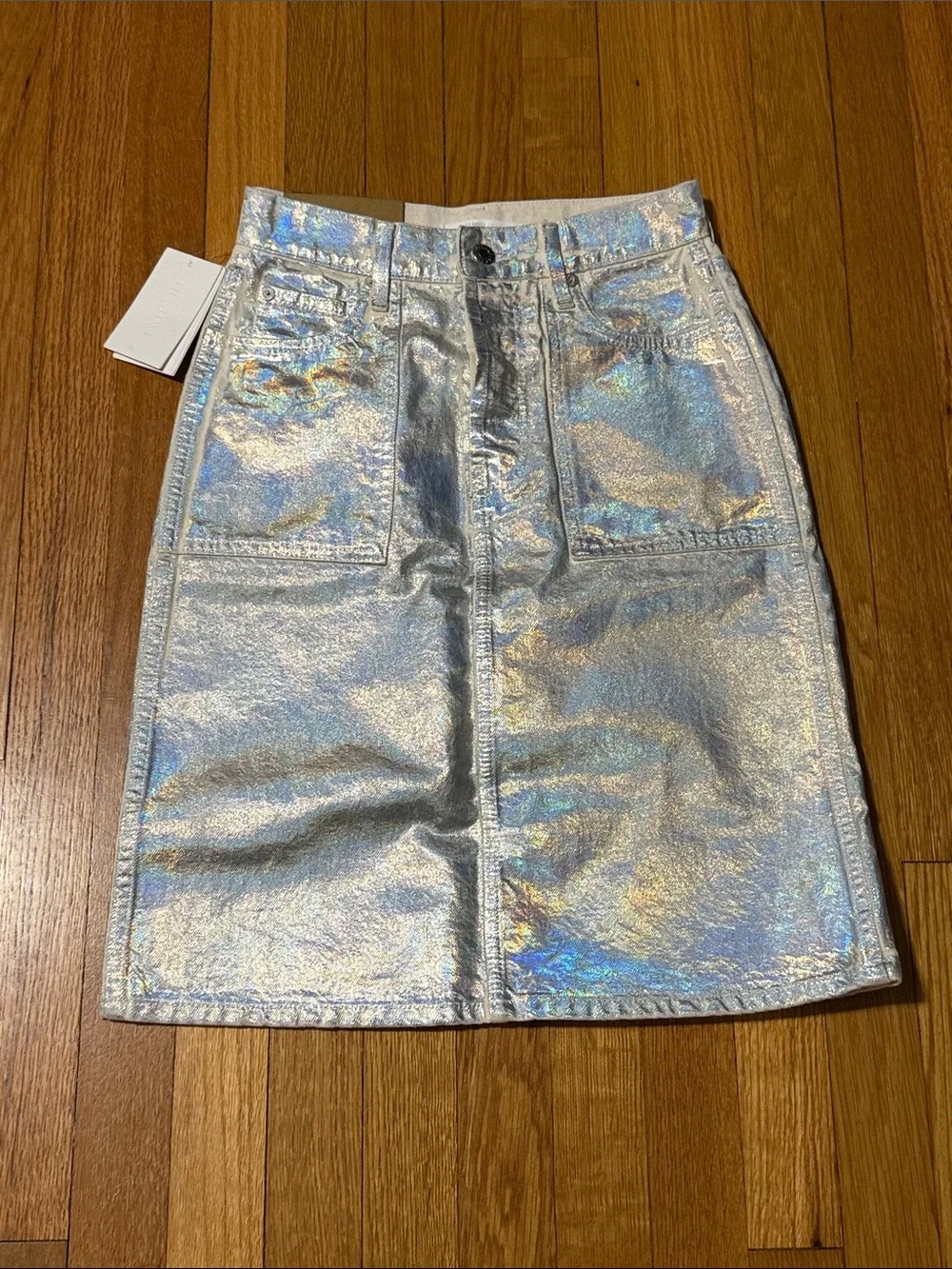 NWT Helmut Lang Silver Metallic Denim Pencil Skirt Size 24